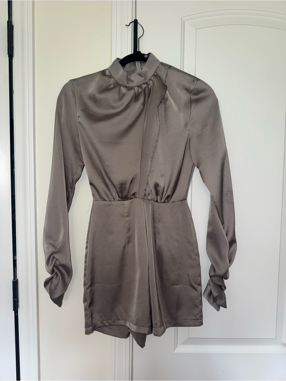 Missguided Taupe Satin Long-Sleeve Romper